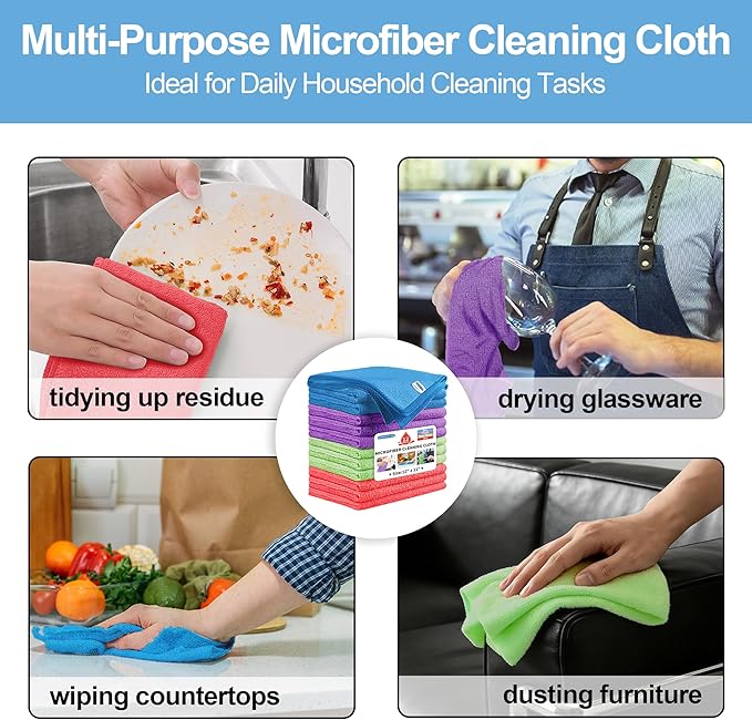 HOMERHYME Microfiber Cleaning Cloth, 12 Pack Cleaning Rags,12" X 11" Lint Free Dish Towels Wash Cloths, Reusable Microfiber Towels for Home and Kitchen Bathroom Apartment Cleaning Supplies, Assorted