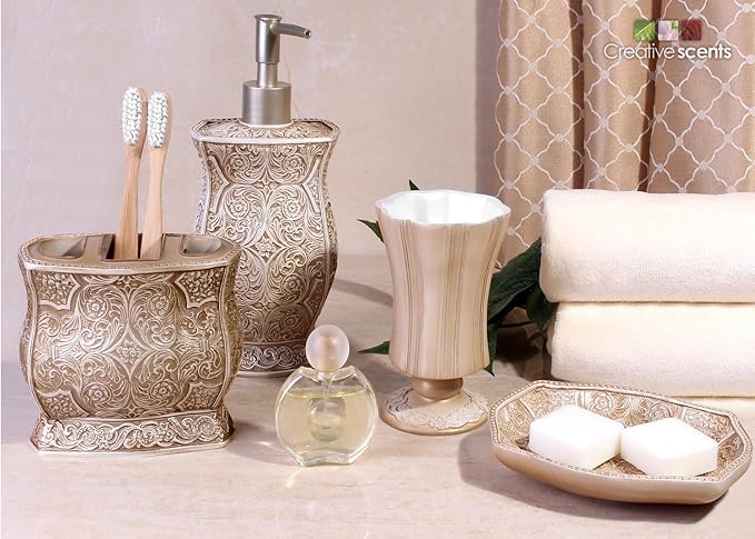 Creative Scents Victoria Beige Toothbrush Holder for Bathroom - Family Toothbrush and Toothpaste Holder - Decorative 3 Slot Toothbrush Cup Neatly Holds Multiple Toothbrushes and Toothpaste