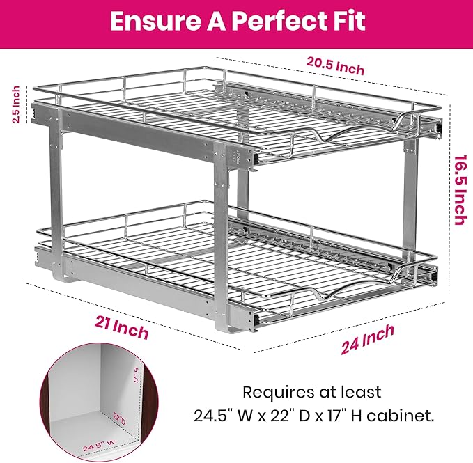 2-Tier Pull-Out Cabinet Organizer with Heavy-Duty Steel Frame, Full-Extension Sliding Shelves, Holds 100 lbs, Easy Install for Kitchen, Pantry & Under Sink Cabinets, 24" W x 21”D x 16.5" H