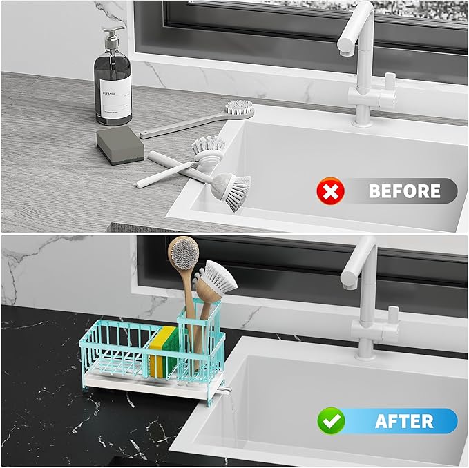 Cisily Sponge Holder for Kitchen Sink, Sink Caddy Organizer with High Brush Holder, Kitchen Countertop Organizers and Storage Essentials, Rustproof 304 Stainless Steel (Turquoise, 9.25″)