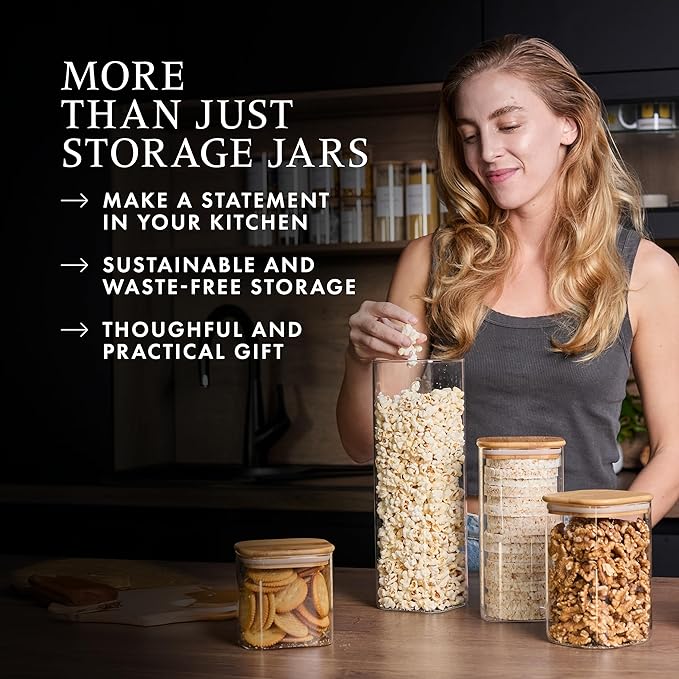 Livabl Glass Pantry Storage Containers with Lids- 165 Pantry Labels– Set of 5 various Sizes- Glass Canisters with bamboo lids-Perfect Pasta, Flour food Storage Containers-Airtight-Kitchen Canisters