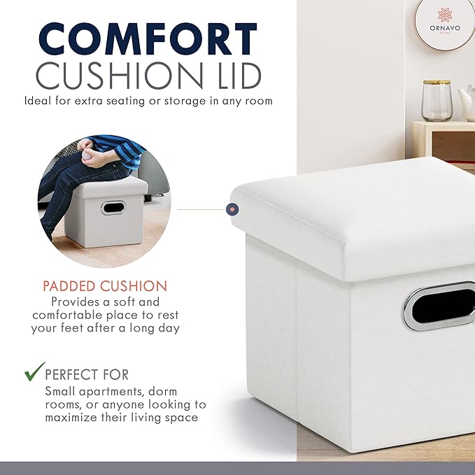 Ornavo Home 12 Inches Small Storage Ottoman with Handles, Foldable Collapsible Cube Square Linen Ottoman Foot Rest Stool Seat, for Living Room, Bedroom, Home Office, Dorm, White