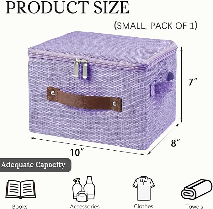 Storage Bins with Zipper Lid Foldable Fabric Lidded Storage Boxes Baskets Cubes Washable Collapsible PU Leather Handle Cotton Linen Shelves Closet Organizer Container(Purple, Small Size)