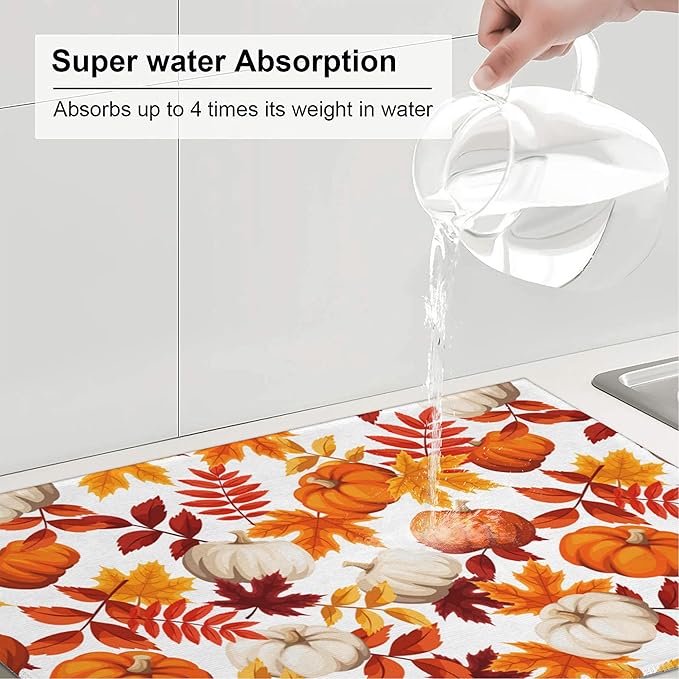 3Pcs Watercolor Pumpkin Dish Drying Mat & Kitchen Sink Splash Guard Faucet Mat For Kitchen Counter Absorbent Microfiber Dishes Pad Dish Drainer Rack Mats Fast Dry Kitchen Accessories