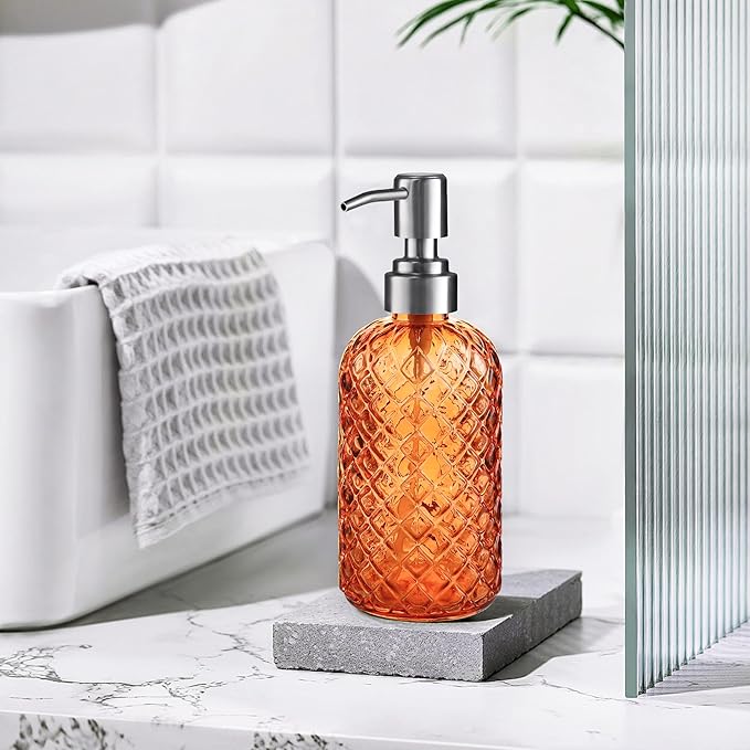 14 Oz Refillable Glass Soap Dispenser with Rust Proof Stainless Steel Pump, for Dispense Hand soap, Body wash, Lotion (Orange)