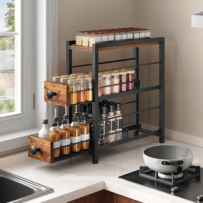 Spice Rack, 3-Tier Pull Out Spice Rack Organizer for Countertop, Narrow Kitchen Countertop Storage Shelf with 2 Drawers, for Kitchen, Cafe, Rustic Brown and Black SR02BR
