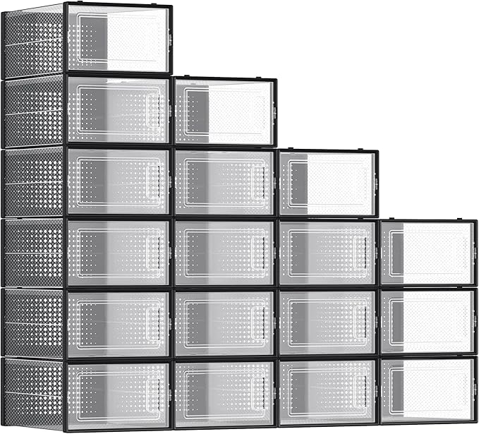 SONGMICS Shoe Boxes, Pack of 18 Shoe Storage Organizers, Stackable Clear Plastic Boxes for Closet, Sneakers, 13.1 x 9.1 x 5.6 Inches, Transparent and Black ULSP18SBKV1