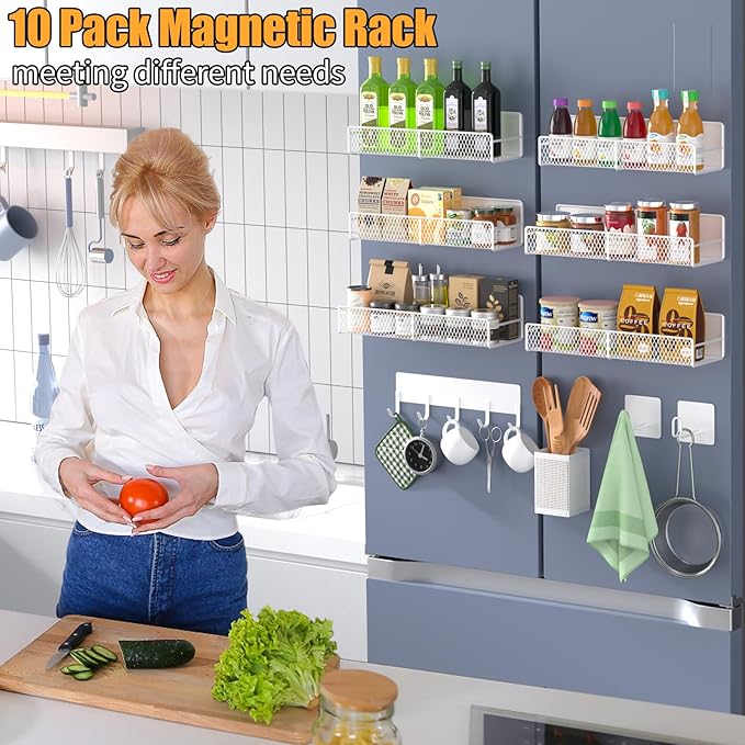 Magnetic Spice Rack for Refrigerator, 10 Pack Metal Magnetic Shelf, Moveable Spice Organizer with Hook Rack, Paper Towel Holder, Kitchenware Holder, Strong Magnetic Storage Fridge Organizer White