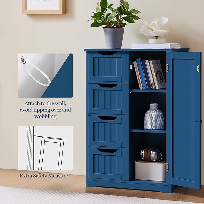 Yaheetech Wooden Bathroom Floor Cabinet, Side Storage Organizer Cabinet with 4 Drawers and 1 Cupboard, Freestanding Entryway Storage Unit Console Table, Bathroom Furniture Home Decor, Navy Blue