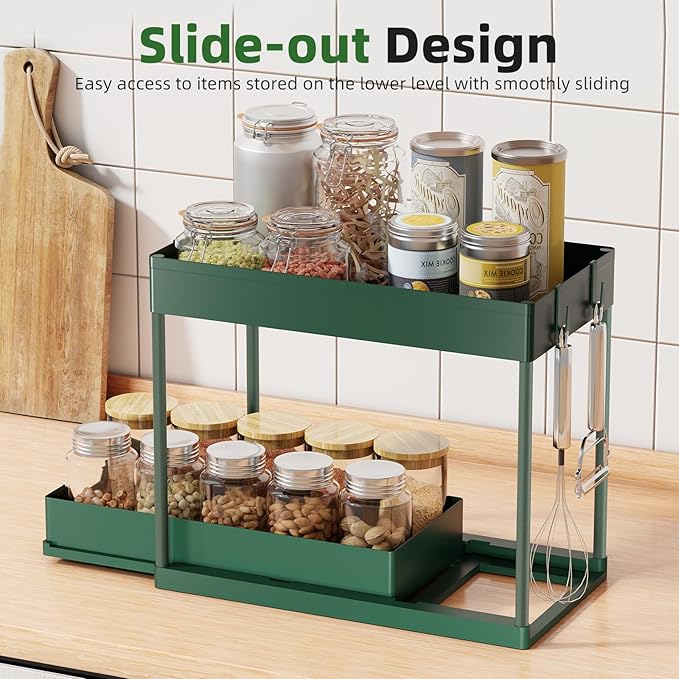 Simple Trending Under Sink Organizer 2 Pack, Sink Pull-Out Sliding Storage Cabinet, 2-Tier Under Shelf Organizer for Kitchen Bathroom, Green