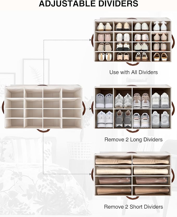STO STO Shoe Organizer for Closet, Fits Up to 16 Pairs, XL Shoe Box Containers with Adjustable Dividers, Clear Cover Shoe Storage Bins, Stackable Space Saving Shoes Holder for Shoes and Boots, Beige