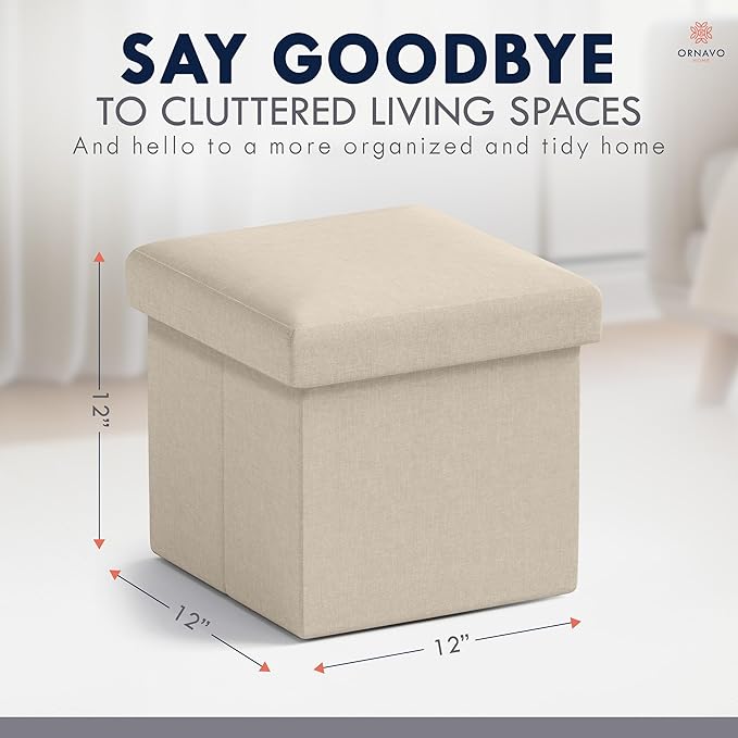 Ornavo Home Small Storage Ottoman, Set of 2 Foldable Collapsible Cube Square Linen Ottoman Foot Rest Stool Seat, for Living Room, Bedroom, Home Office, Dorm - 12 x 12 x 12, Beige