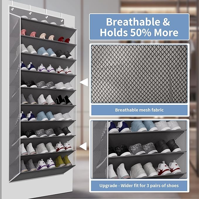 30 Pairs Over The Door Shoe Organizer, 10-Tier Hanging Shoe Rack with Deep Pocket for Closet, Extra Large Shoe Storage Holder for Sneakers, Boots, Heels(Grey)