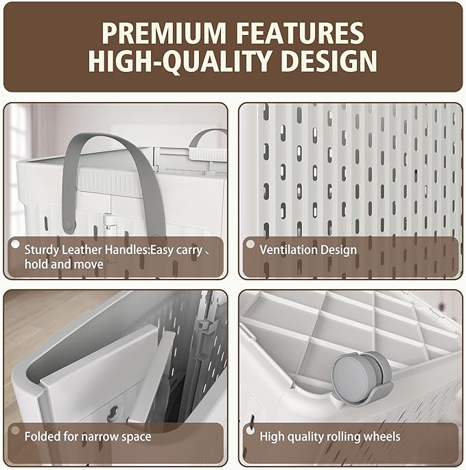 UAK 67L Plastic Laundry Basket with Wheels & Handle, Heavy Duty Foldable Laundry Hamper – Easy Clean Waterproof Rolling Organizer for Bathroom & Laundry Room, Grey