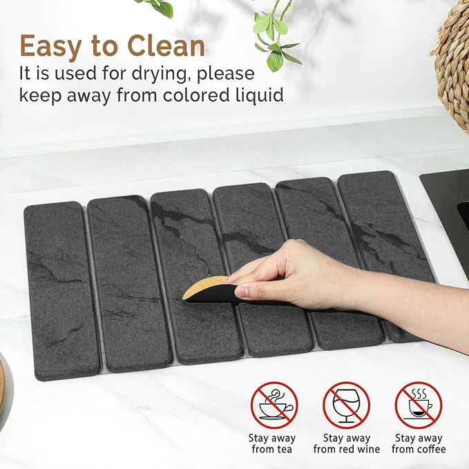Small Stone Dish Drying Mat for Kitchen Counter, 2 PCS 16"×12" & 8"x4" Quick Dry Stone Mats, Foldable Water Absorbing Diatomaceous Earth Drying Dish Pad for Countertop Bottles Utensils Cups(Dark Gray)