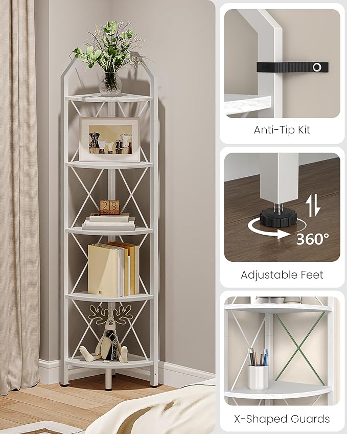 5-Tier Corner Shelf, Industrial Corner Bookshelf, 59.4" Corner Storage Stand, Plant Stand Display Shelf, Corner Bookcase for Bedroom, Living Room, Home Office, White TCJ10WB