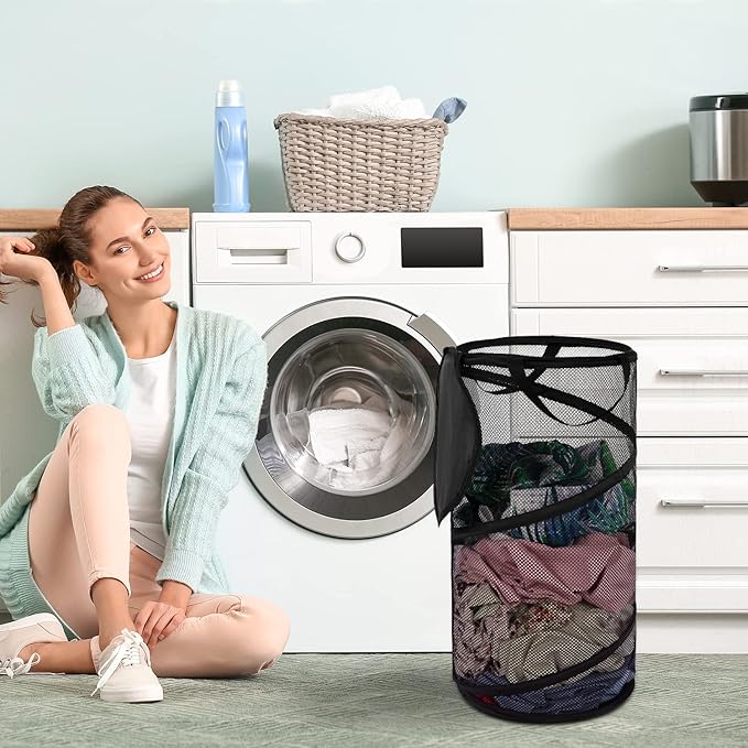 BATTOO Large Collapsible Laundry Basket with Lid Foldable Mesh Pop Up Hamper with Handles for Laundry Room, Bathroom, Kids Room, College Dorm, Travel, Storage Organizer Black
