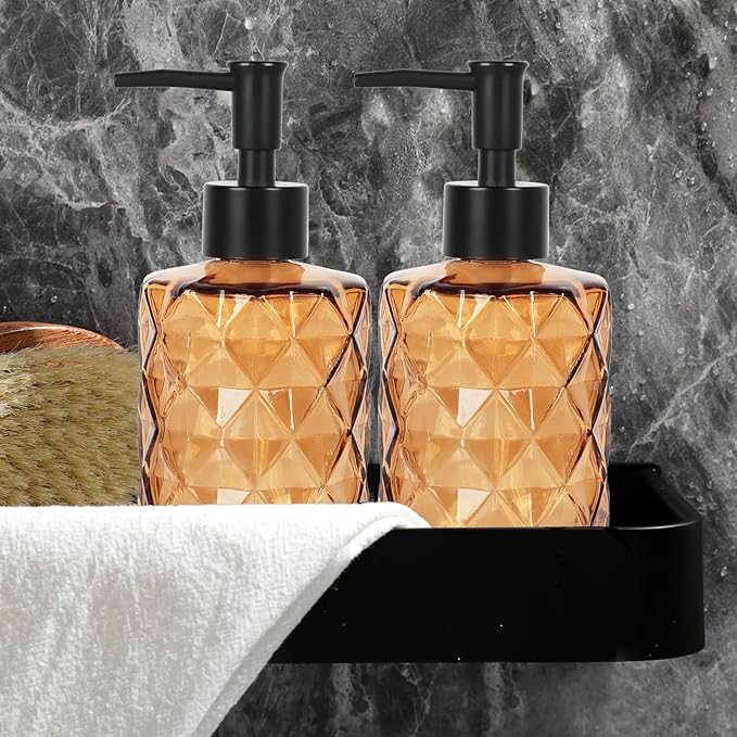 Brown Glass Soap Dispenser, 11 Oz/330ml Liquid Hand Soap Dispenser Set for Kitchen Sink and Bathroom, Dish Lotion Dispenser Set, Diamond Lotion Bottles with Black Pump&Funnel