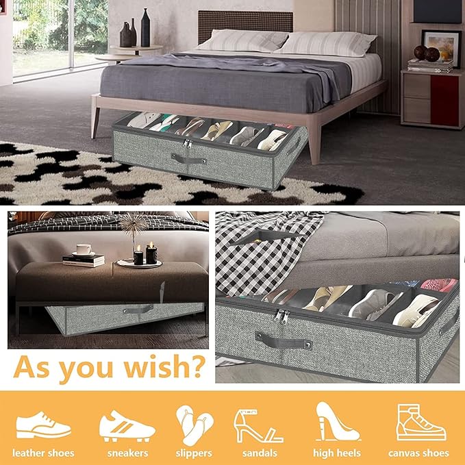 homyfort Under Bed Shoe Storage Organizer for Closet Fits 24 Pairs-Sturdy Underbed Shoe Containers Boxes Organizador De Zapatos with Clear Cover,Set of 2, 29.3 x 23.6 x 5.9inch (Linen-like Grey)
