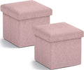 Ornavo Home Small Storage Ottoman, Set of 2 Foldable Collapsible Cube Square Linen Ottoman Foot Rest Stool Seat, for Living Room, Bedroom, Home Office, Dorm - 12 x 12 x 12, Pink