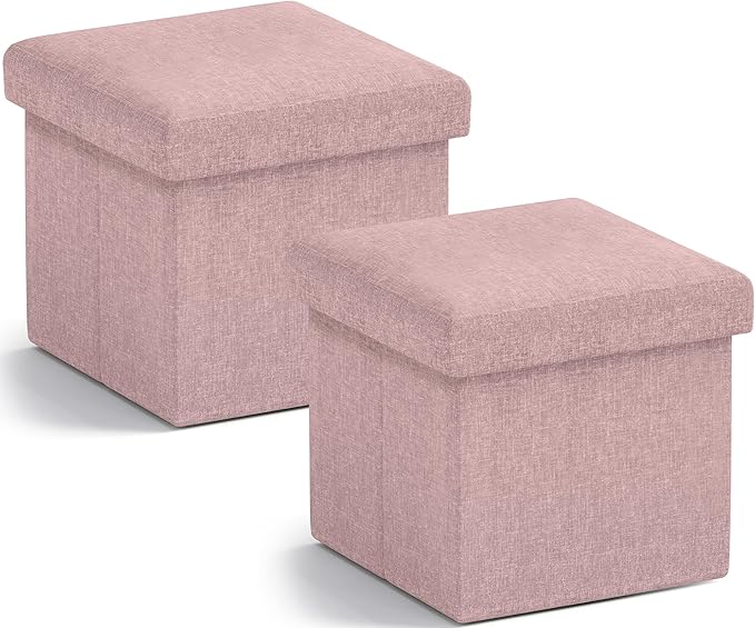 Ornavo Home Small Storage Ottoman, Set of 2 Foldable Collapsible Cube Square Linen Ottoman Foot Rest Stool Seat, for Living Room, Bedroom, Home Office, Dorm - 12 x 12 x 12, Pink