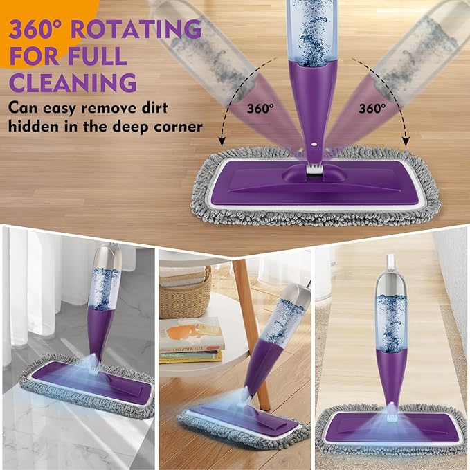 Spray Mop for Floor Cleaning with Washable Pads, Microfiber Wet Mops with 800 ml Refillable Bottle,Reusable Dust Mops with Sprayer for Hardwood Laminate Vinyl Tile Cleaning (Purple, 800 ML)