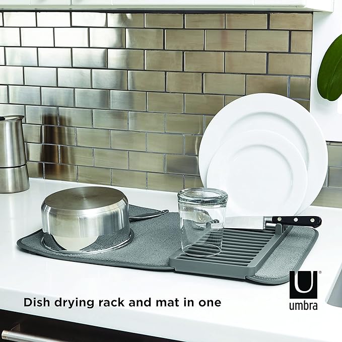Umbra UDRY Rack and Microfiber Dish Drying Mat-Space-Saving Lightweight Design Folds Up for Easy Storage, Mini, Charcoal