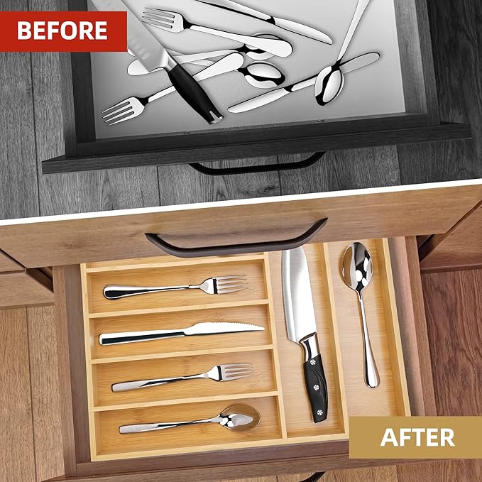 Bamboo Kitchen DrawerOrganizer, 13 Inch Silverware Organizer with Extra-deep Grooved Divider, 7 Slots Pure Bamboo Wood Caddy for Flatware Cutlery Knives, Forks, Spoons