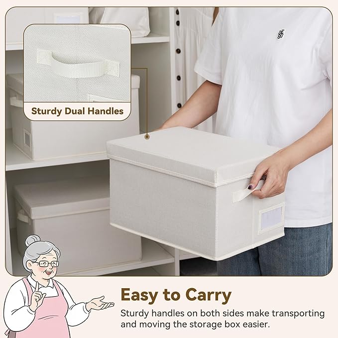 GRANNY SAYS Storage Baskets for Organizing, Linen Closet Shelf Organizers and Storage Containers with Label Holder, Large Storage Bins with Lids for Bedroom, Ivory, 3-Pack