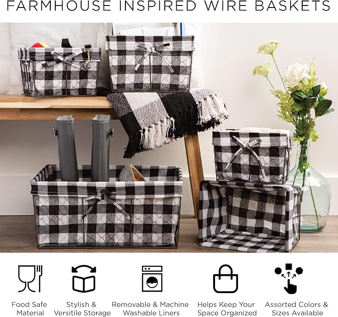DII Farmhouse Chicken Wire Storage Baskets with Liner, Small, Antique Lemon Print, 9x7x6", 2 Piece