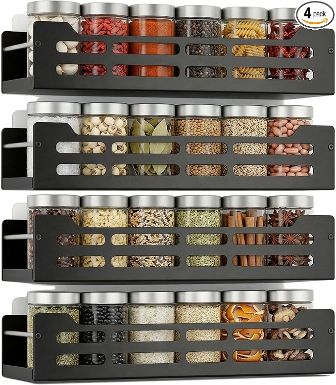 GELYA 4 Pack Wall Mounted Spice Rack, Space-Saving Metal Spice Organizer, Screw/Adhesive Hanging Seasoning Rack for Kitchen Wall, Cabinet & Pantry Door, One-Piece Formed