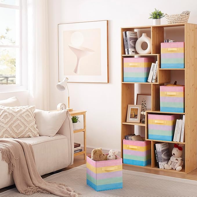 11 Inch Fabric Collapsible Storage Cubes,6 Pack Rainbow Colored Closet Storage Bins with 2 Handles Foldable Cube Baskets for Organizing Clothes, Toys, Books