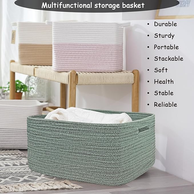 COMFY-HOMI 2 pcs Large Storage Baskets for Shelves, Laundry Basket, Woven Rope Basket, Closet Organizer Bins for Clothes Blanket Towels, Baby Nursery, Gift Toy Baskets, 17” x 13” x 7.5”-Green