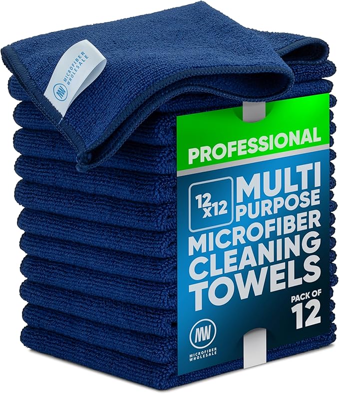 MW PRO Microfiber Cleaning Cloths Dark Blue 12 Pack, 12x12 - Commercial Janitorial Towels & Lint Free Rags - Heavy Duty for Auto Detailing, Glass Windows, Housekeeping & Screens - Washable 300+ Times