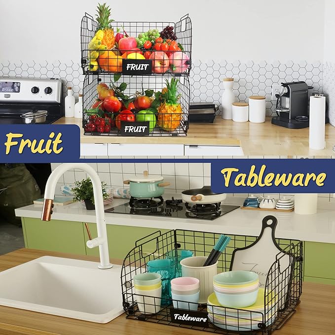 4 PACK XXL Stackable Wire Baskets for Storage Pantry,Fruit Basket For Kitchen Cabinet,16.3''x12''x8.2''Vegetable Fruit Snack Chips Onion Potato Cans Organization, pantry organizers and storage