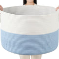 Foldable Laundry Hamper Basket with Collapsible Handle Cotton Rope Soft Woven Fabric Storage Organizer Clothes Toys Nursery Bedroom Dorm Space Saving Bin (White & Blue, 80L(21.7"D x 13.8"H))