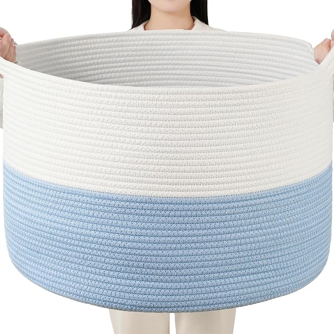 Foldable Laundry Hamper Basket with Collapsible Handle Cotton Rope Soft Woven Fabric Storage Organizer Clothes Toys Nursery Bedroom Dorm Space Saving Bin (White & Blue, 115L(23.6"D x 15.7"H))