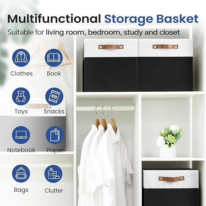 6-Pack Storage Cubes with Handles & Label Holders Basket, Closet Cube Home Organizer Bins(White/Black, 13 x 13 x 13 inch)