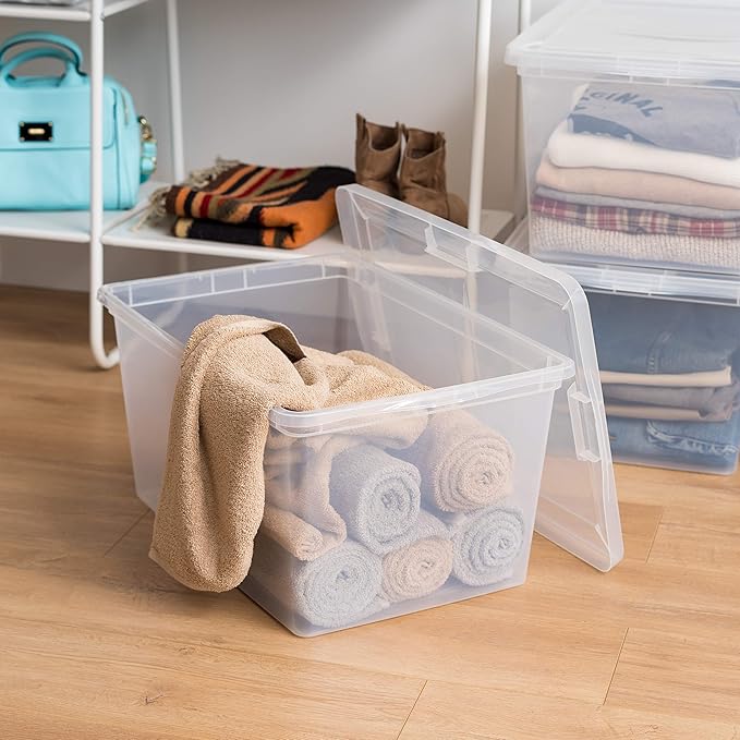 IRIS USA 4-Pack Storage Bins with Lids, 58 Quart, Clear Stackable Containers Box Organize Shoes Closet Shelves Clothes Blankets Towels - BPA-Free Plastic