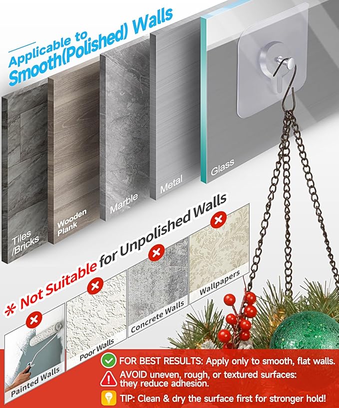 Adhesive Hooks for Wall(13lb Max), Wall Hangers Without Nails for Photos Frames, Utility Waterproof and Oil Resistant Hooks for Kitchen, Bathroom, Home and Office -10 Pack