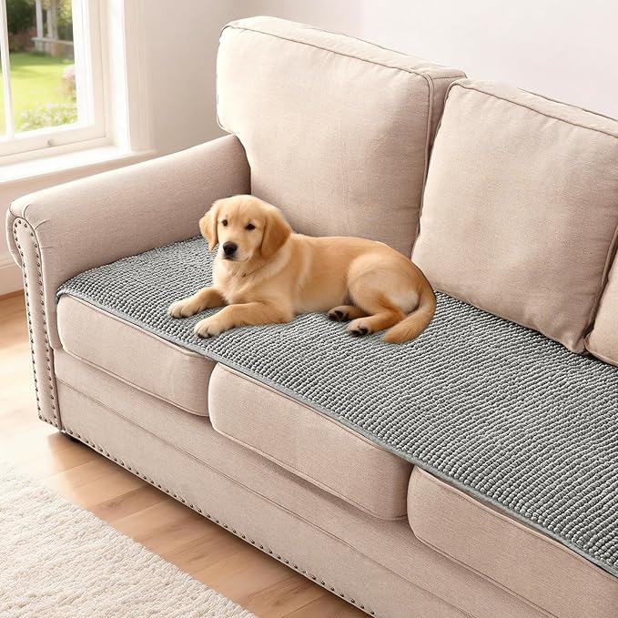 H.VERSAILTEX Plush Chenille Couch Cover for 3 Cushion Couch Anti Slip Washable Sofa Slipcovers Soft and Durable Furniture Protector for Dogs Cats Kids (27.5" x 59", Dove)