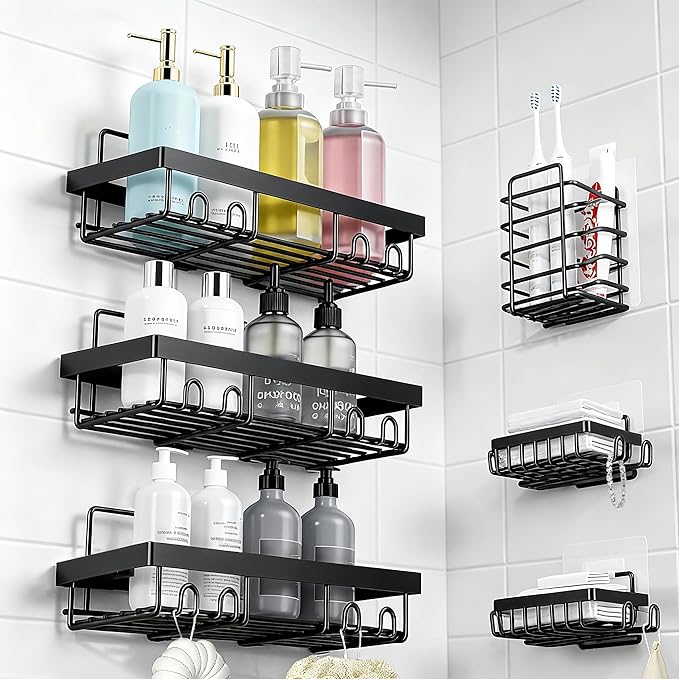 MIKEE Adhesive Shower Caddy, Rustproof Shower Organizer with Soap Holder, 6 Pack Large Capacity Shower Shelves for Inside Shower, No Drilling Bathroom Organizers and Storage, Black