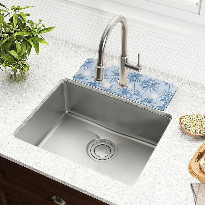 Kitchen Sink Splash Guard 2 PCS 14.7 Inch Sink Faucet Mat Splash Guard for Bathroom Countertop Water Absorbent Foldable Cuttable Soft Washable Light Blue Palm Trees and Sun