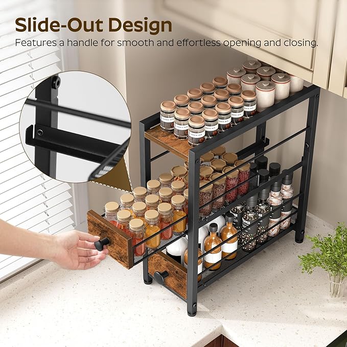 Spice Rack, 3-Tier Pull Out Spice Rack Organizer for Countertop, Narrow Kitchen Countertop Storage Shelf with 2 Drawers, for Kitchen, Cafe, Rustic Brown and Black SR02BR