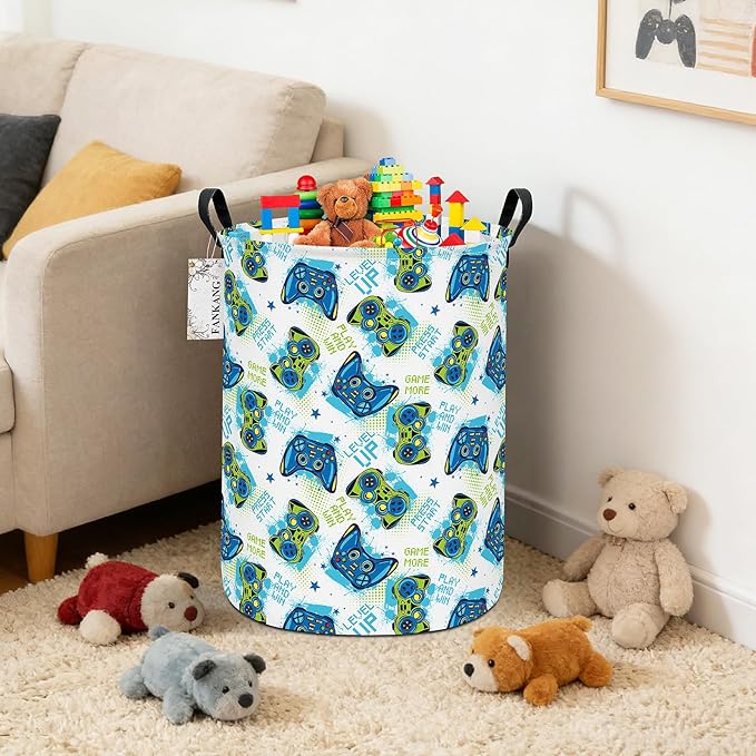 FANKANG Storage Basket, Nursery Hamper Canvas Laundry Basket Foldable with Waterproof PE Coating Large Storage Baskets for Kids Boys and Girls, Office, Bedroom, Clothes,Toys(Game)