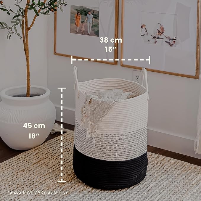 OrganiHaus Large Black & White Woven Laundry Basket w/Handles 52L, Rope Dirty Clothes Hamper, Blanket Basket for Living Room, Baby Laundry Hamper for Nursery, Soft & Durable Decorative Organizer Bin