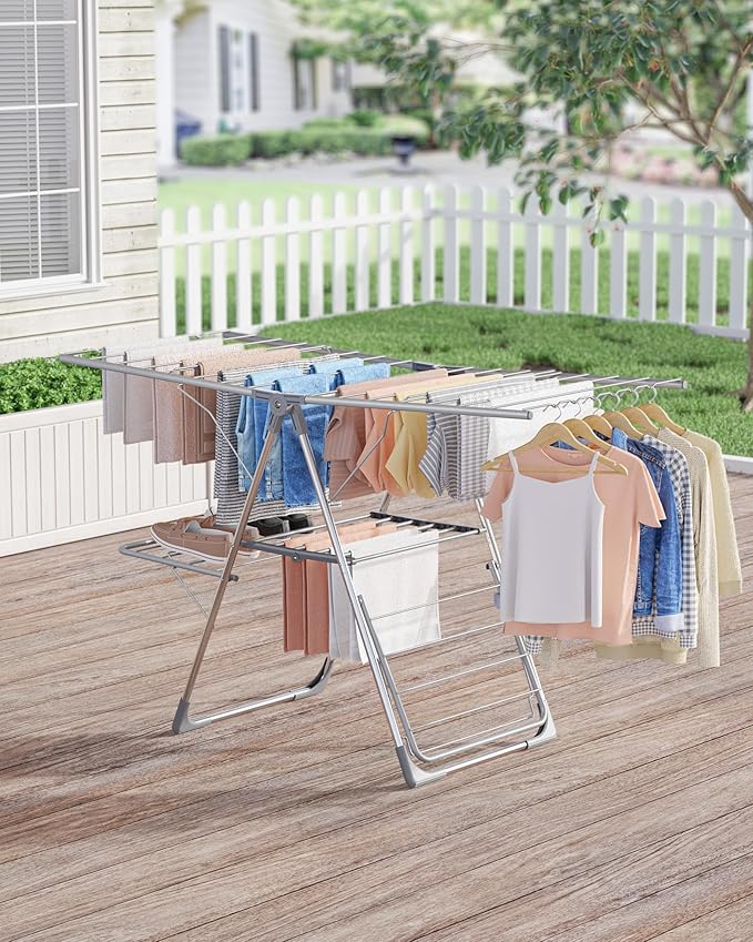 Sakugi Clothes Drying Rack, Foldable 2-Level Laundry Drying Rack with Height-Adjustable Wings, for Clothing & Bedding, Free-Standing Space-Saving Rack, Indoor & Outdoor, 55.5" L × 22.8" W, Gray