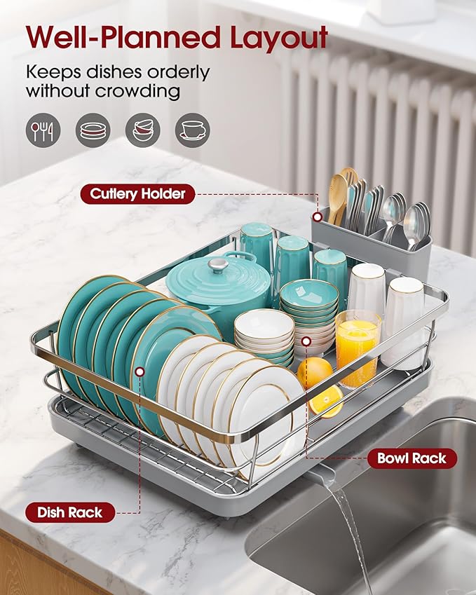 Stainless Steel Dish Drying Rack for Kitchen Counter, Sink Organization and Storage Essentials with Silverware & Utensil Holder, Home and Apartment Decor, 12''W x 15.5''L, Silver