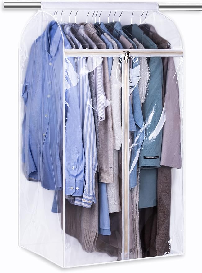 KEETDY 43" Hanging Garment Bags for Closet Storage Large Clear Window Hanging Clothes Storage Garment Rack Cover Coat Protector for Suit, Wardrobe, Bottom Enclosed