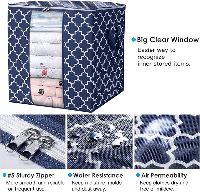 WISELIFE Storage Bags 3 Pack/100L Large Blanket Clothes Organization and Storage Containers for Comforters,Bedding, Foldable Organizer with Reinforced Handle, Clear Window, Sturdy Zippers,Blue